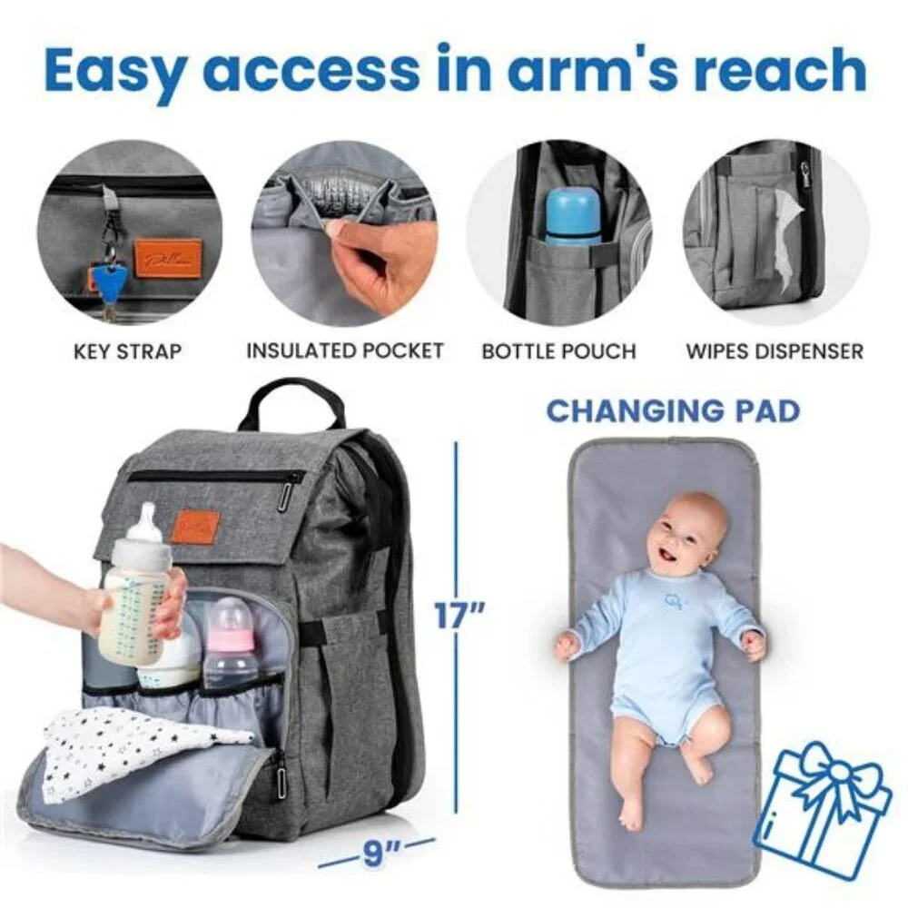 Large Diaper Bag Backpack Baby Travel Bag with Changing Pad Stroller Straps